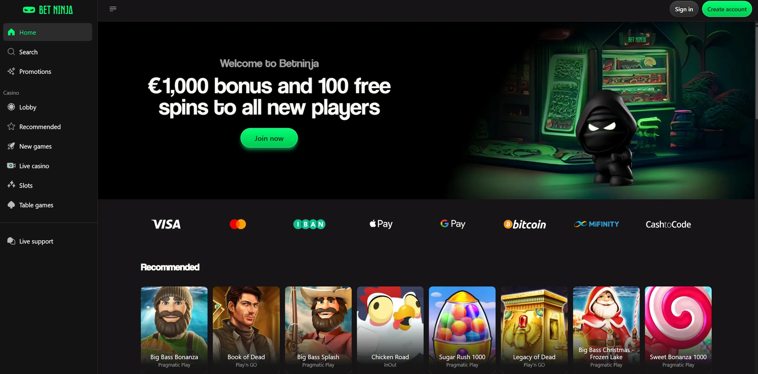 BetNinja casino homepage featuring welcome offer, recommended online pokies and site navigation