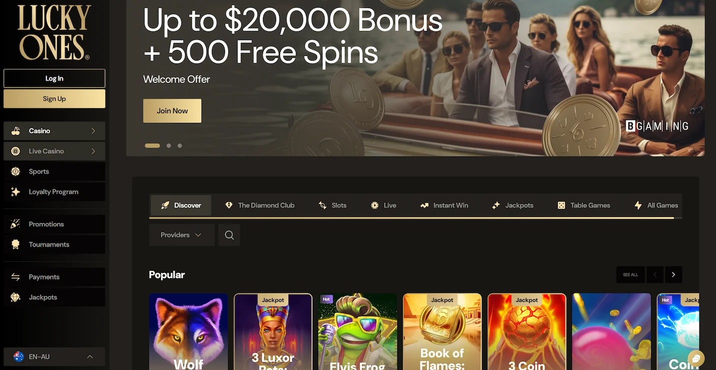 LuckyOnes casino homepage featuring welcome bonus offer, selection of online pokies and site navigation