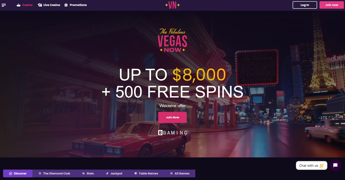 VegasNow casino homepage featuring welcome offer and site navigation